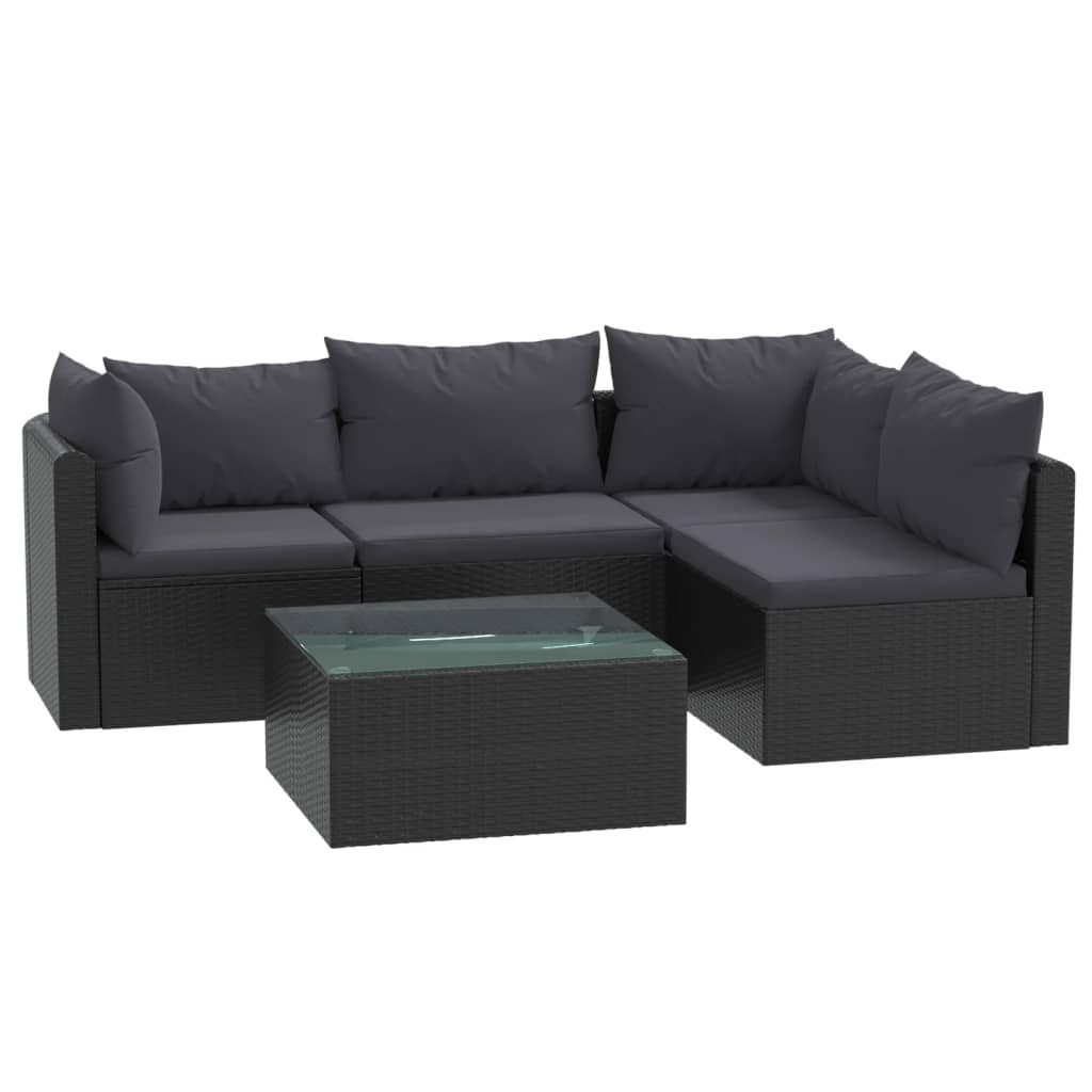 haveloungesæt 5 dele med hynder polyrattan sort