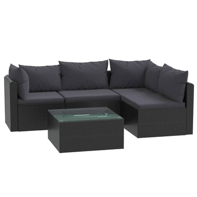 haveloungesæt 5 dele med hynder polyrattan sort