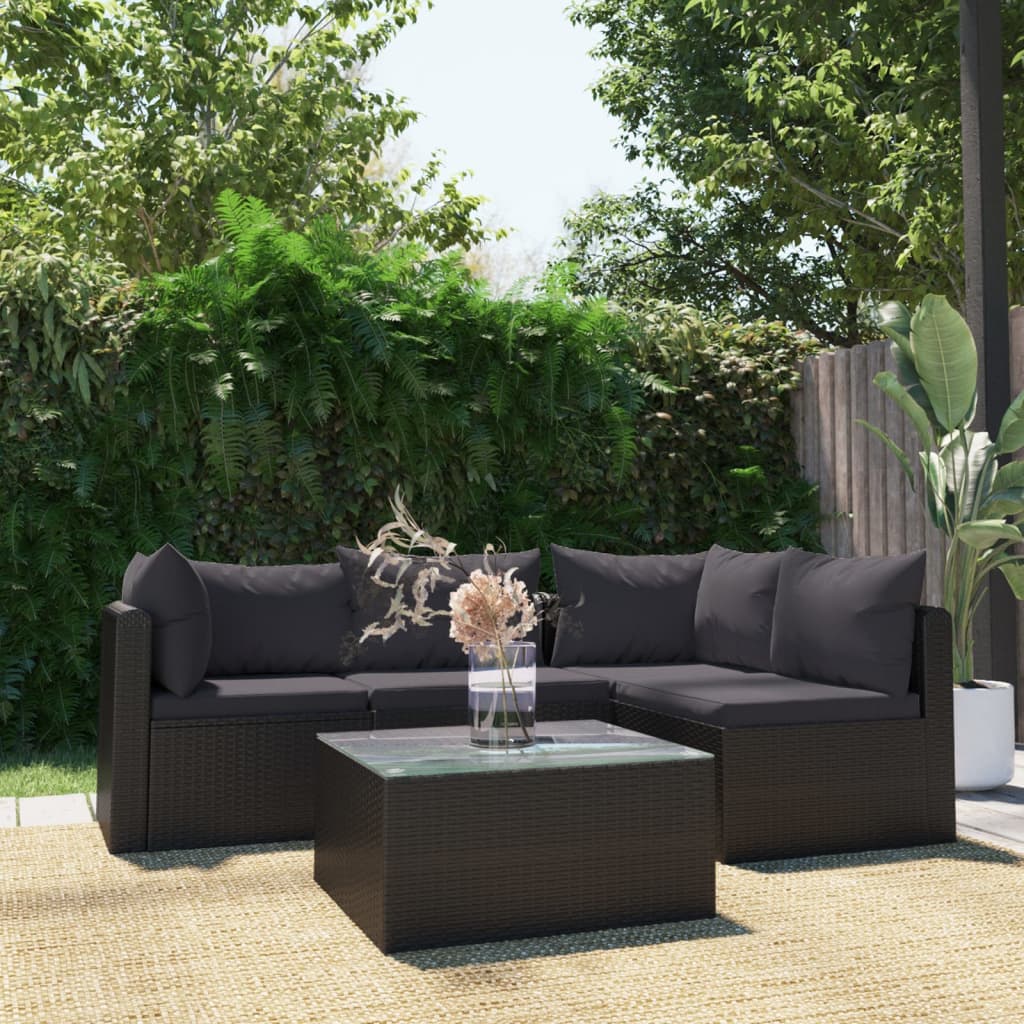 haveloungesæt 5 dele med hynder polyrattan sort