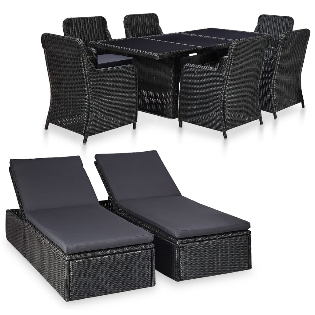 udendørs spisebordssæt 9 dele polyrattan sort