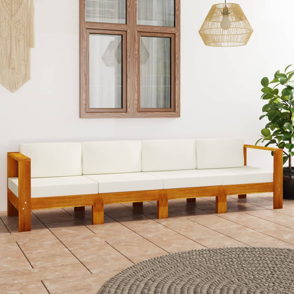 4-personers havesofa med cremehvide hynder massivt akacietræ