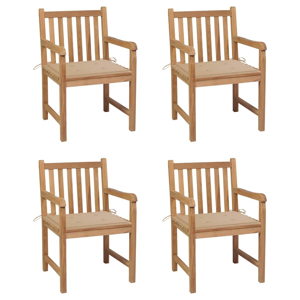 havestole 4 stk. med beige hynder massivt teaktræ