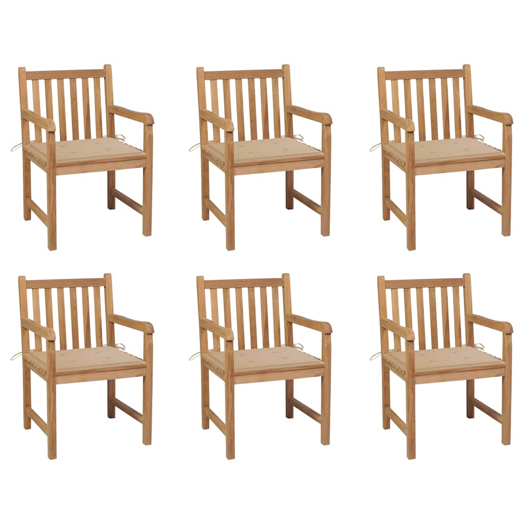 havestole 6 stk. med beige hynder massivt teaktræ