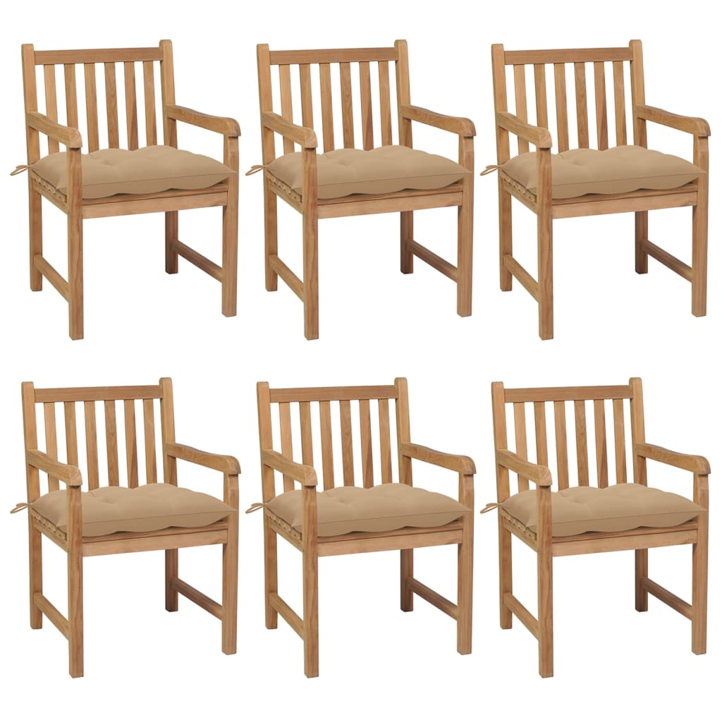 havestole 6 stk. med beige hynder massivt teaktræ