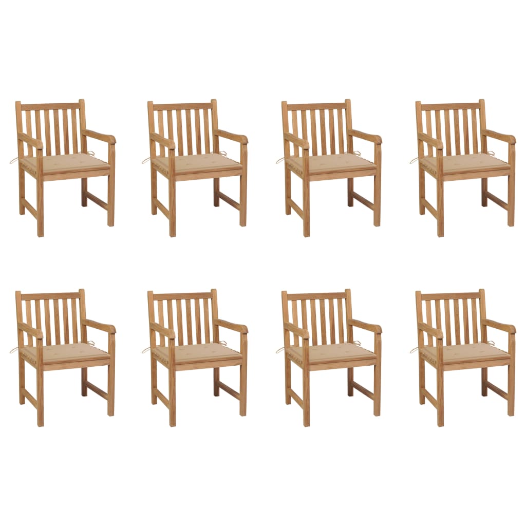 havestole 8 stk. med beige hynder massivt teaktræ