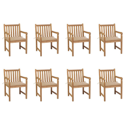 havestole 8 stk. med beige hynder massivt teaktræ