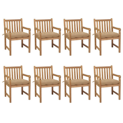 havestole 8 stk. med beige hynder massivt teaktræ