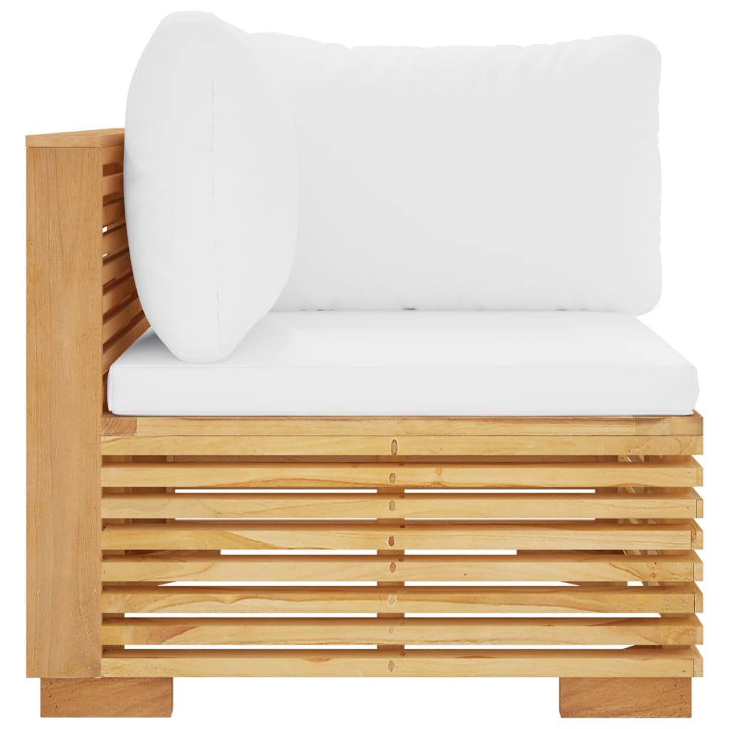 hjørnemodul til havesofa med cremefarvede hynder massivt teak