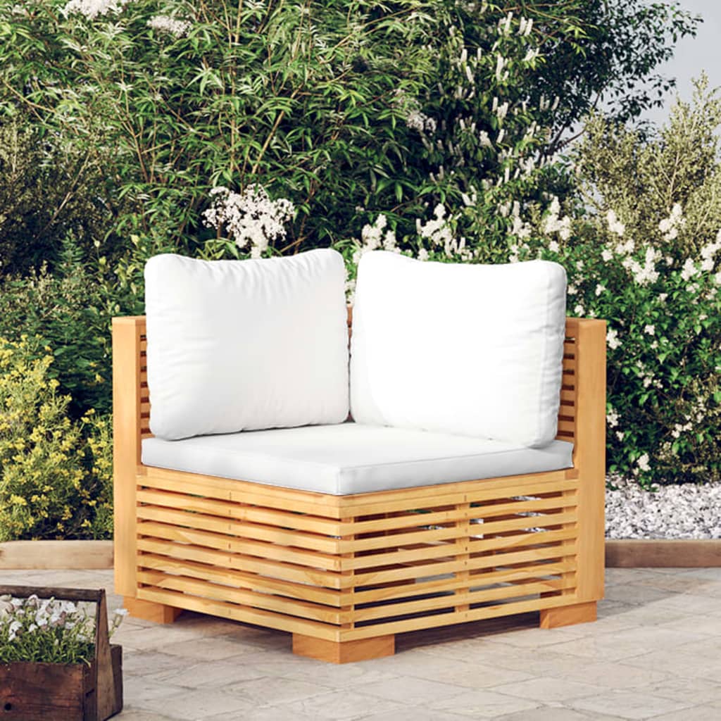 hjørnemodul til havesofa med cremefarvede hynder massivt teak