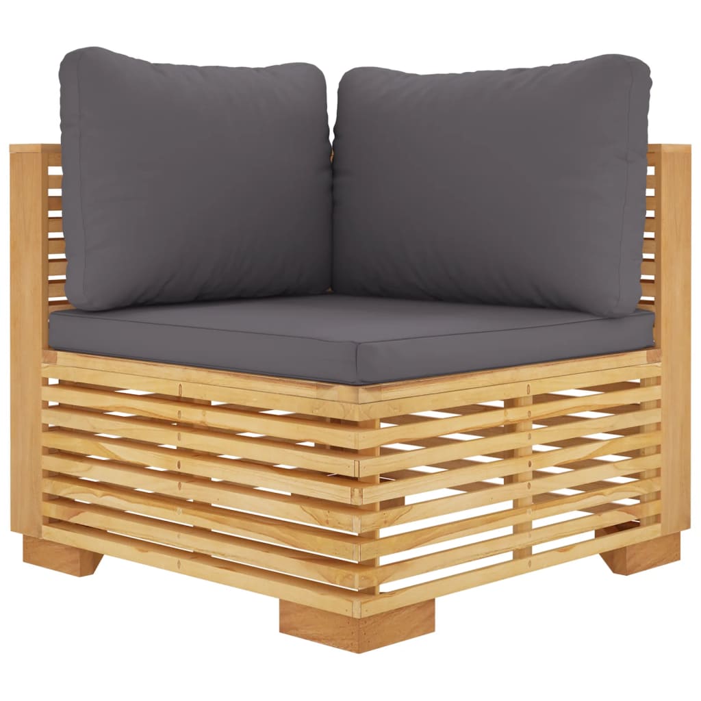 hjørnemodul til havesofa med mørkegrå hynder massivt teak