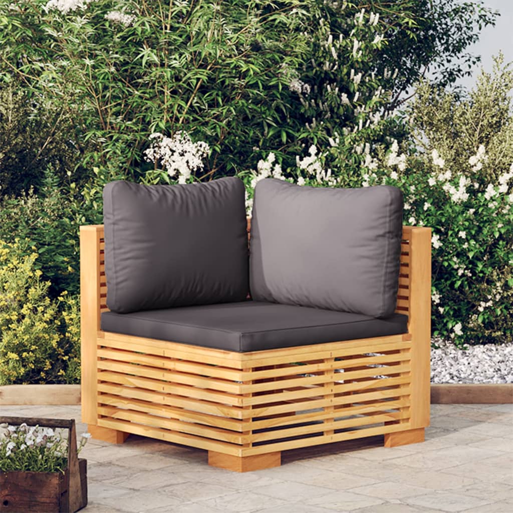 hjørnemodul til havesofa med mørkegrå hynder massivt teak