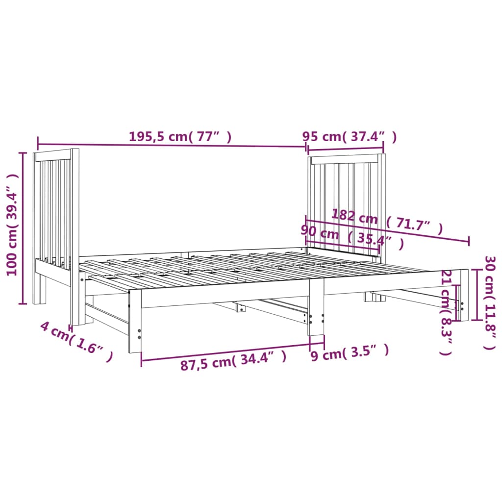 daybed med udtræk 2x(90x190) cm massivt fyrretræ hvid