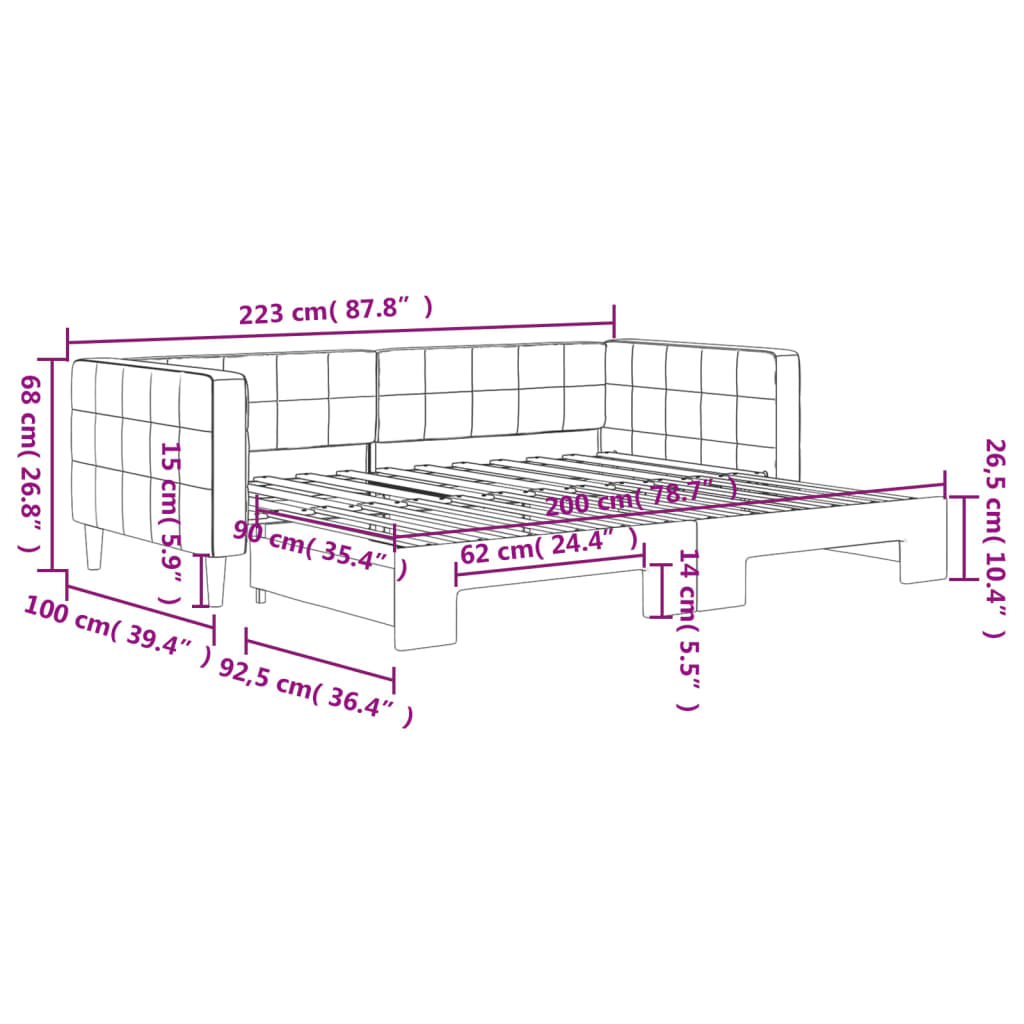 daybed med udtræk 90x200 cm velour lyserød