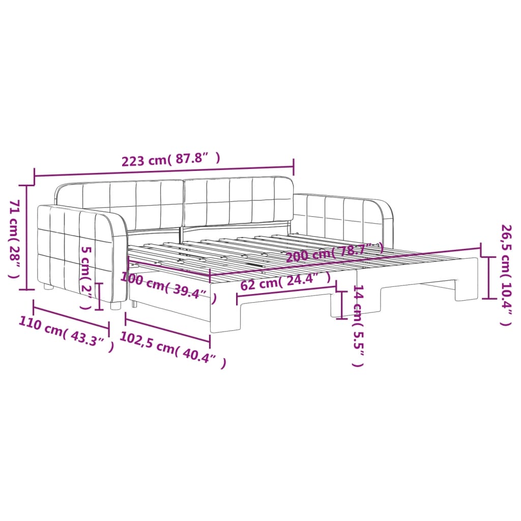 daybed med udtræk 100x200 cm velour lyserød