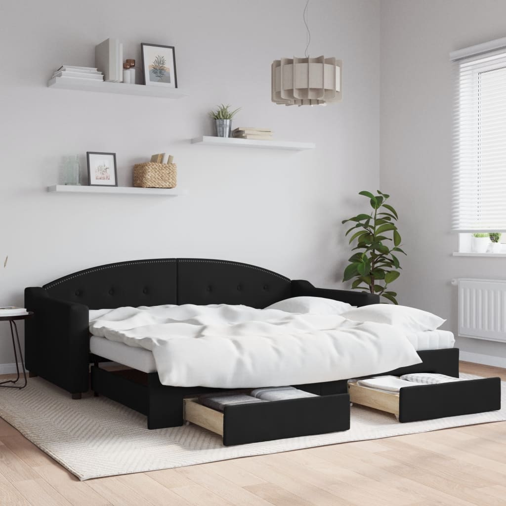 daybed med udtræk og skuffer 90x190 cm stof sort