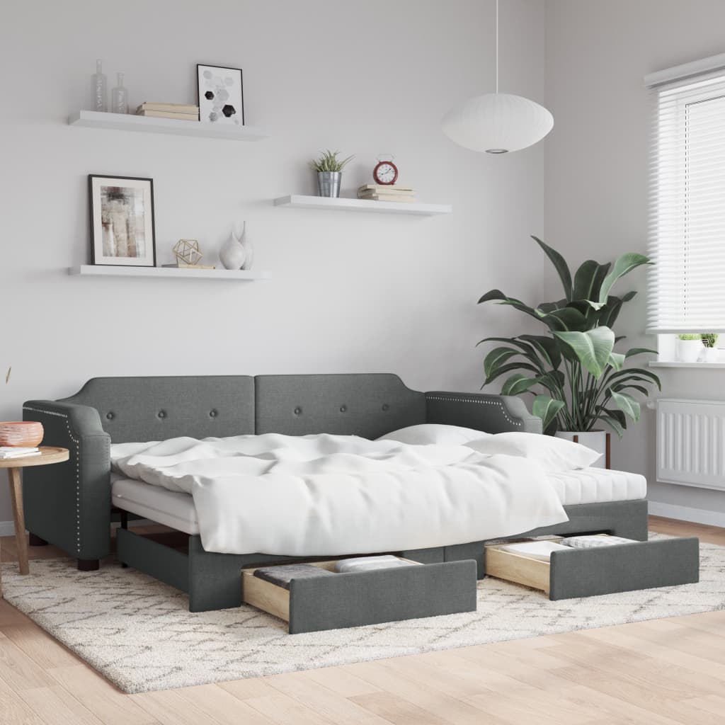 daybed med udtræk og skuffer 90x200 cm stof mørkegrå