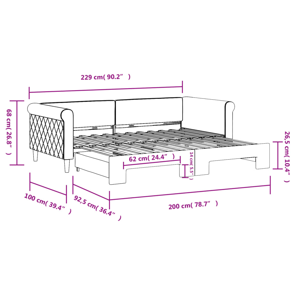 daybed med udtræk 90x200 cm velour mørkegrå