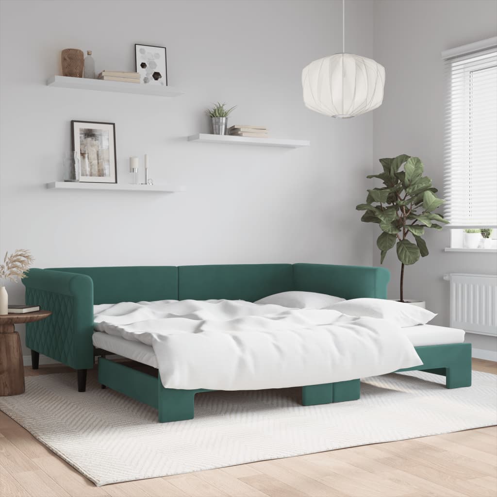 daybed med udtræk 100x200 cm velour mørkegrøn