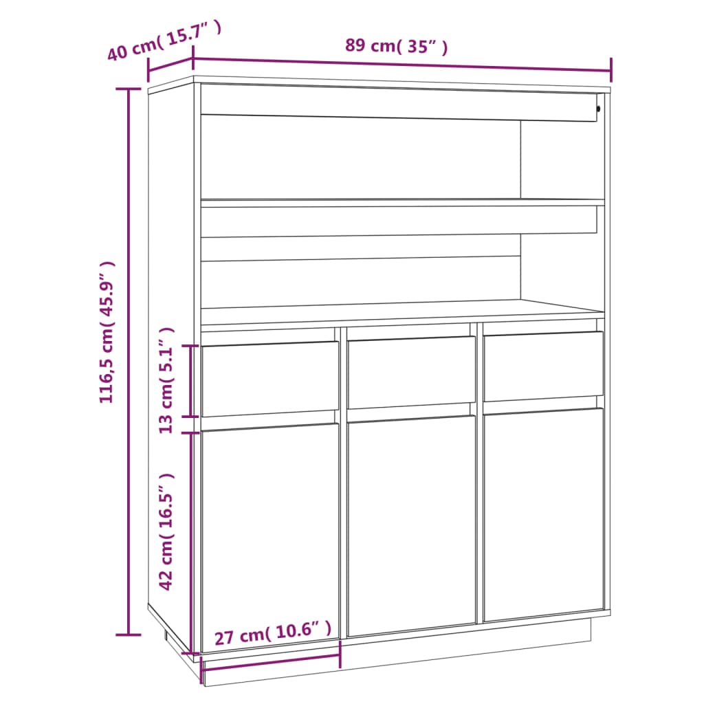 højskab 89x40x116,5 cm massivt fyrretræ hvid