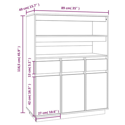 højskab 89x40x116,5 cm massivt fyrretræ hvid