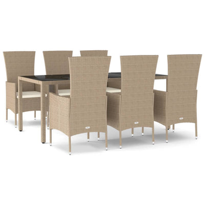 spisebordssæt til haven 7 dele med hynder polyrattan beige