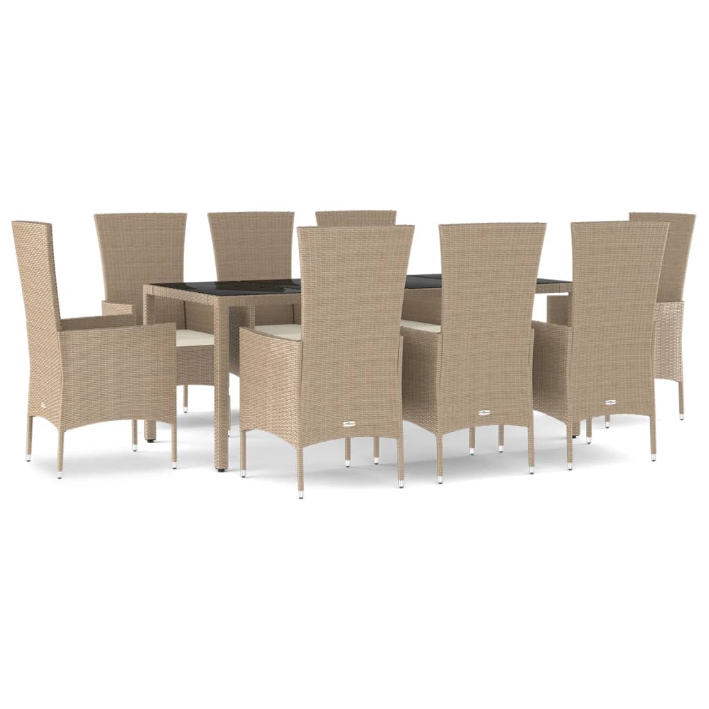 spisebordssæt til haven 9 dele med hynder polyrattan beige