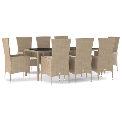 spisebordssæt til haven 9 dele med hynder polyrattan beige