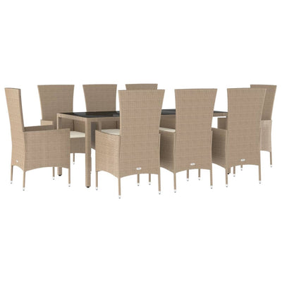 spisebordssæt til haven 9 dele med hynder polyrattan beige
