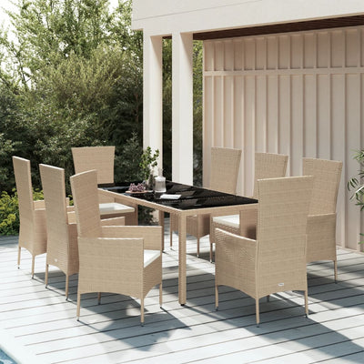 spisebordssæt til haven 9 dele med hynder polyrattan beige