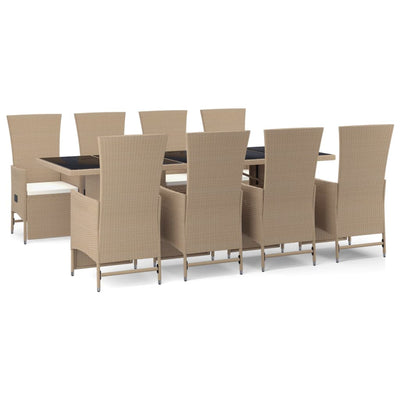 spisebordssæt til haven 9 dele med hynder polyrattan beige