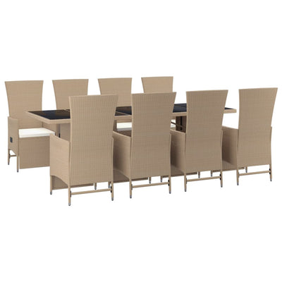 spisebordssæt til haven 9 dele med hynder polyrattan beige