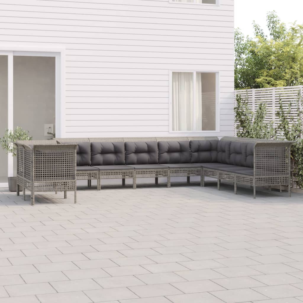 loungesæt til haven 10 dele med hynder polyrattan grå