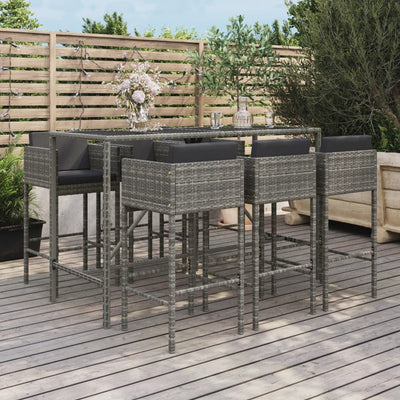 barsæt til haven 7 dele med hynder polyrattan grå