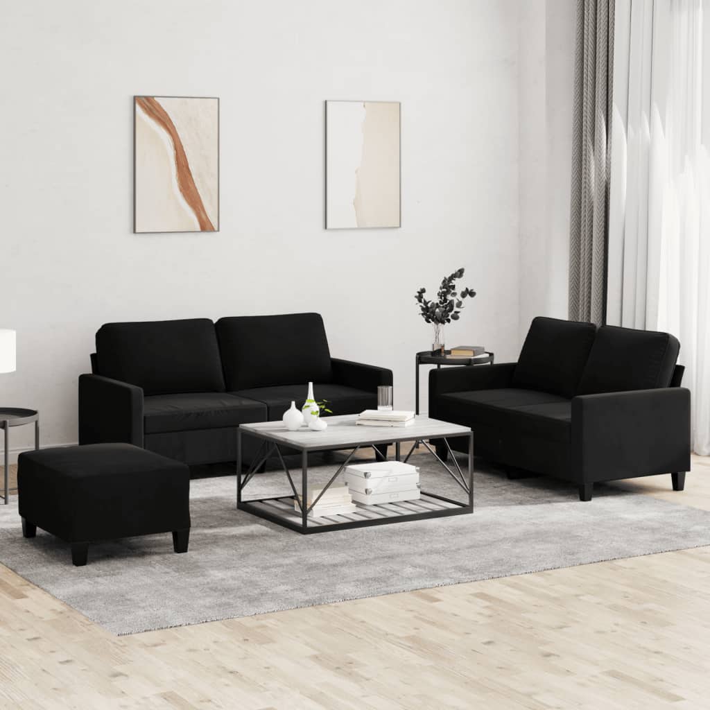 sofasæt 3 dele med hynder velour sort