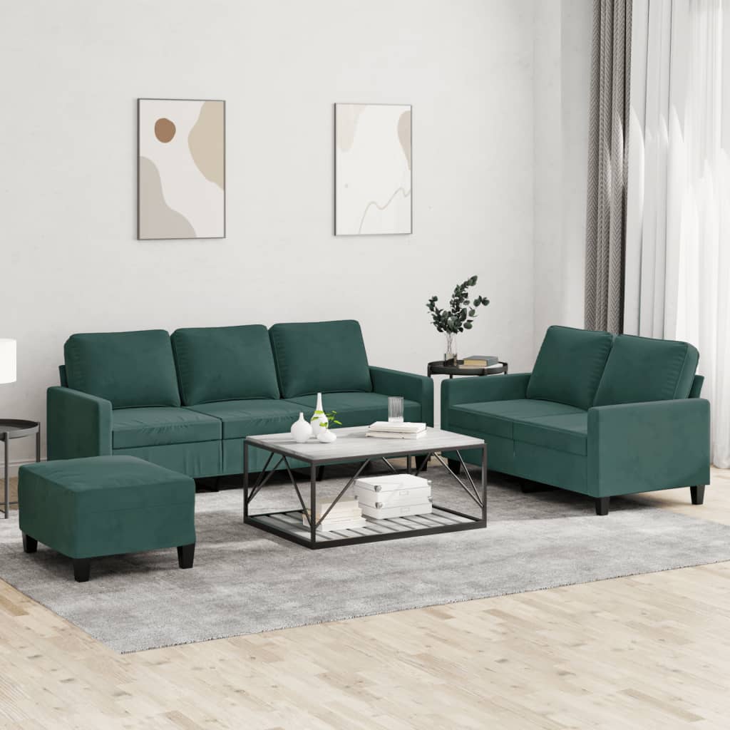 sofasæt 3 dele med hynder velour mørkegrøn