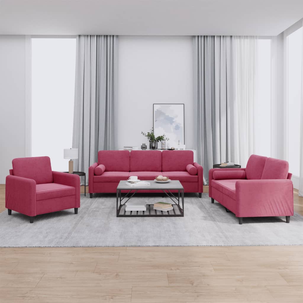 sofasæt 3 dele med puder velour vinrød