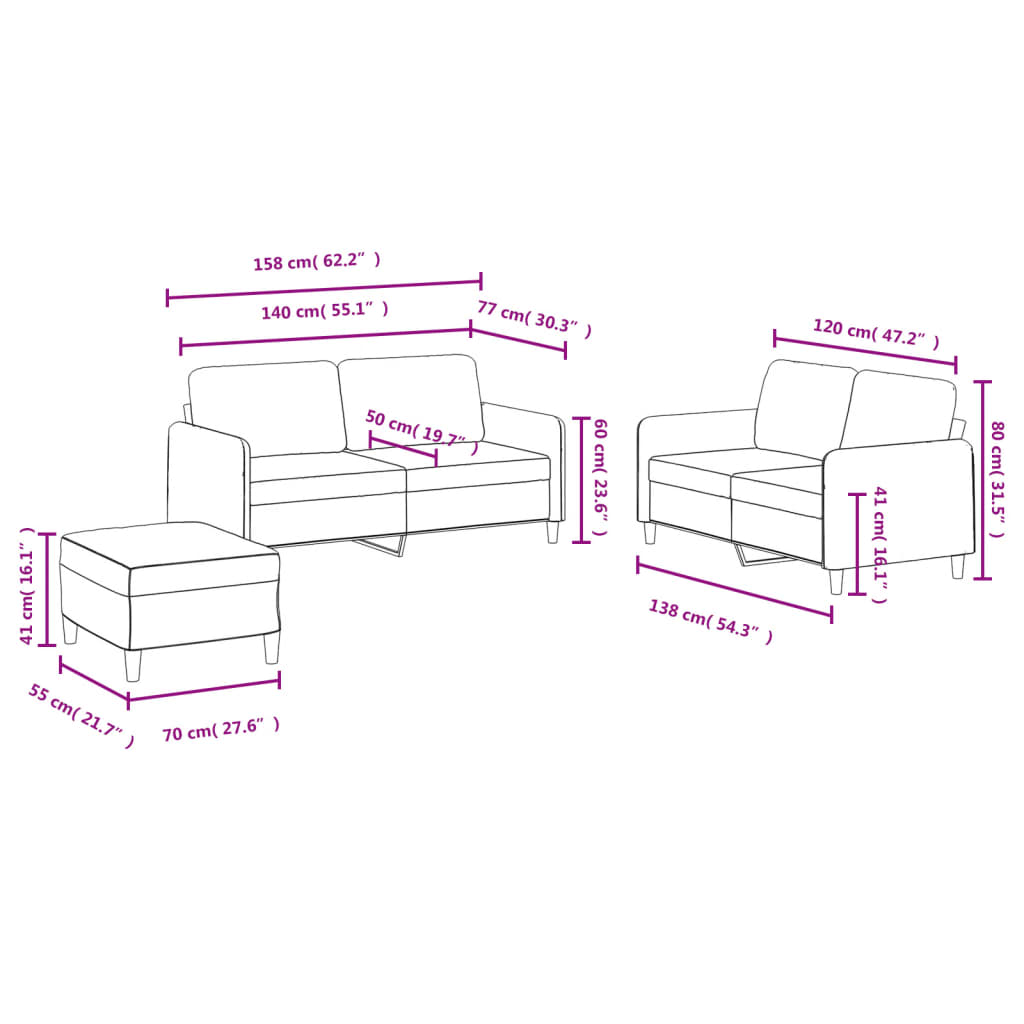 sofasæt 3 dele velour cremefarvet