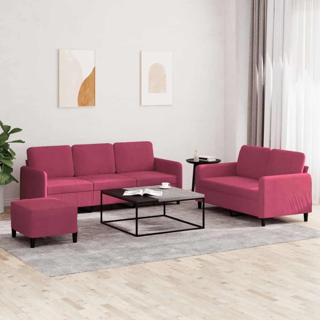 sofasæt 3 dele velour vinrød
