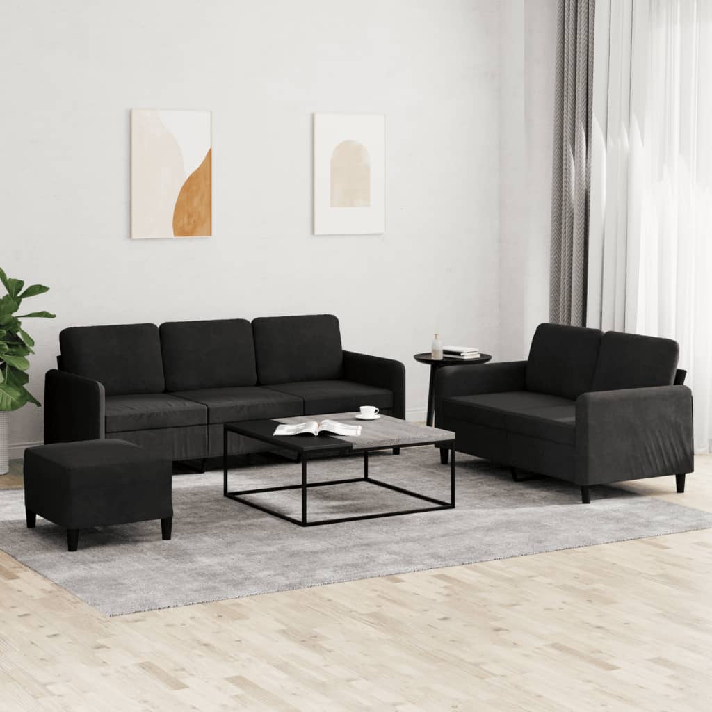 sofasæt 3 dele velour sort