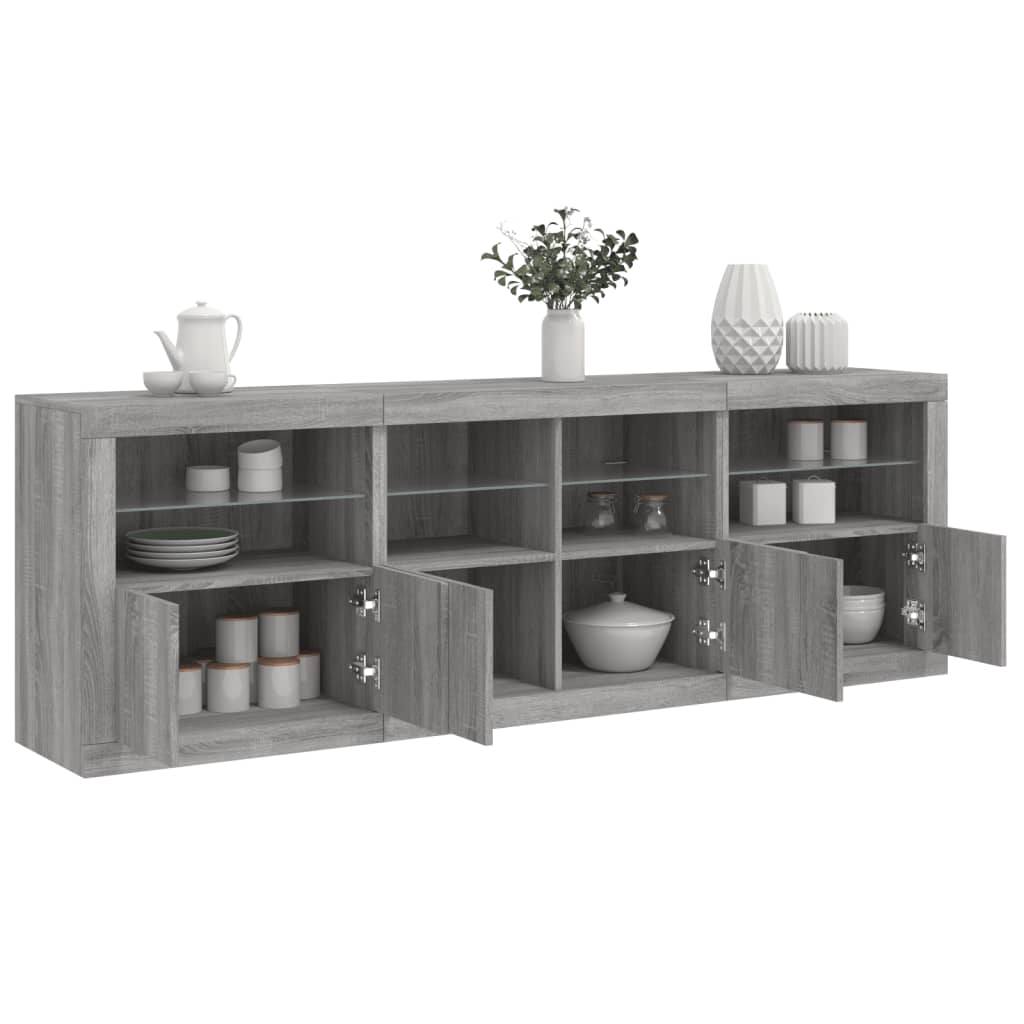 skænk med LED-lys 202x37x67 cm grå sonoma-eg
