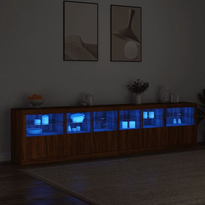 skænk med LED-lys 283x37x67 cm brun egetræsfarve