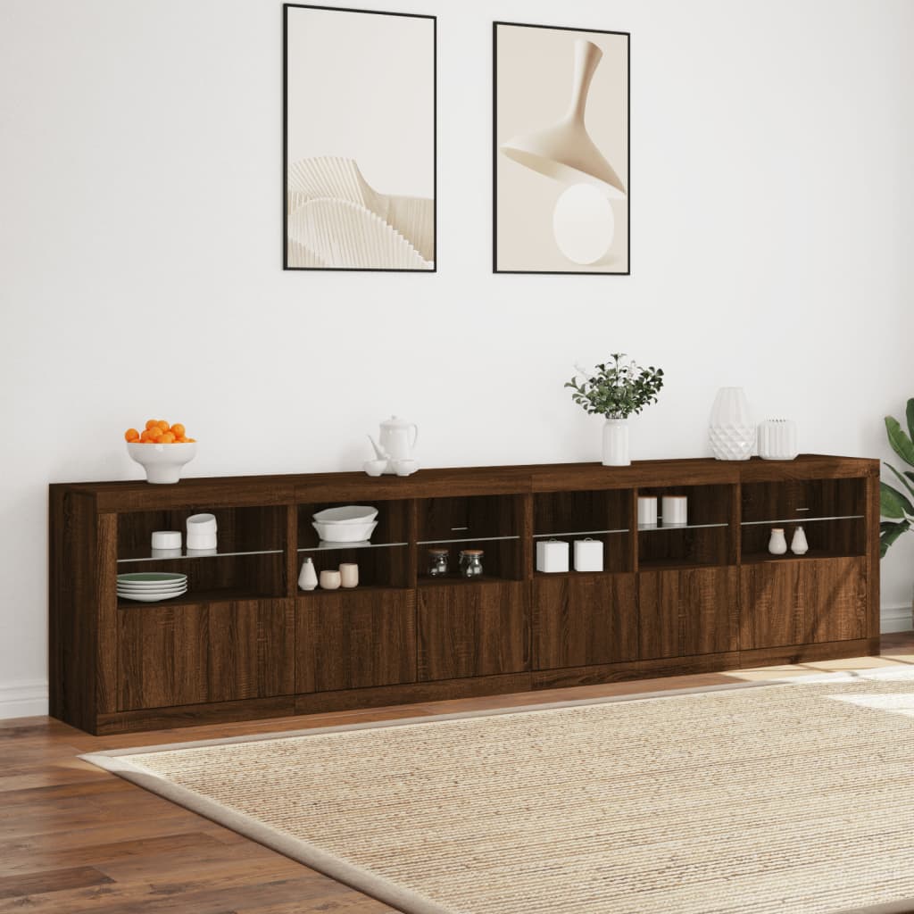 skænk med LED-lys 283x37x67 cm brun egetræsfarve