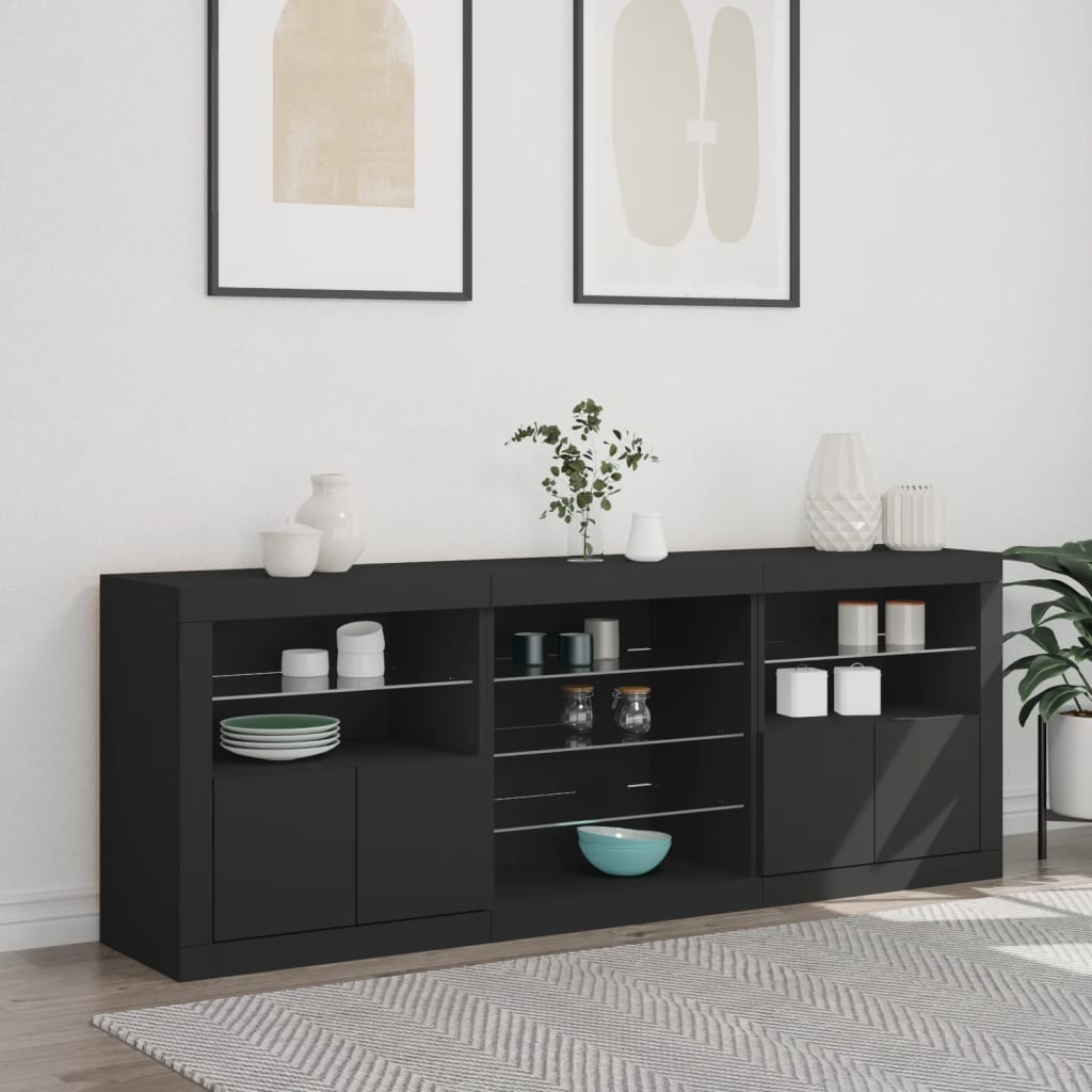 skænk med LED-lys 181,5x37x67 cm sort
