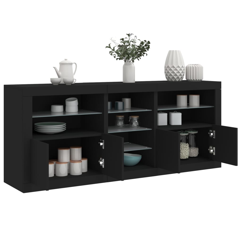 skænk med LED-lys 181,5x37x67 cm sort