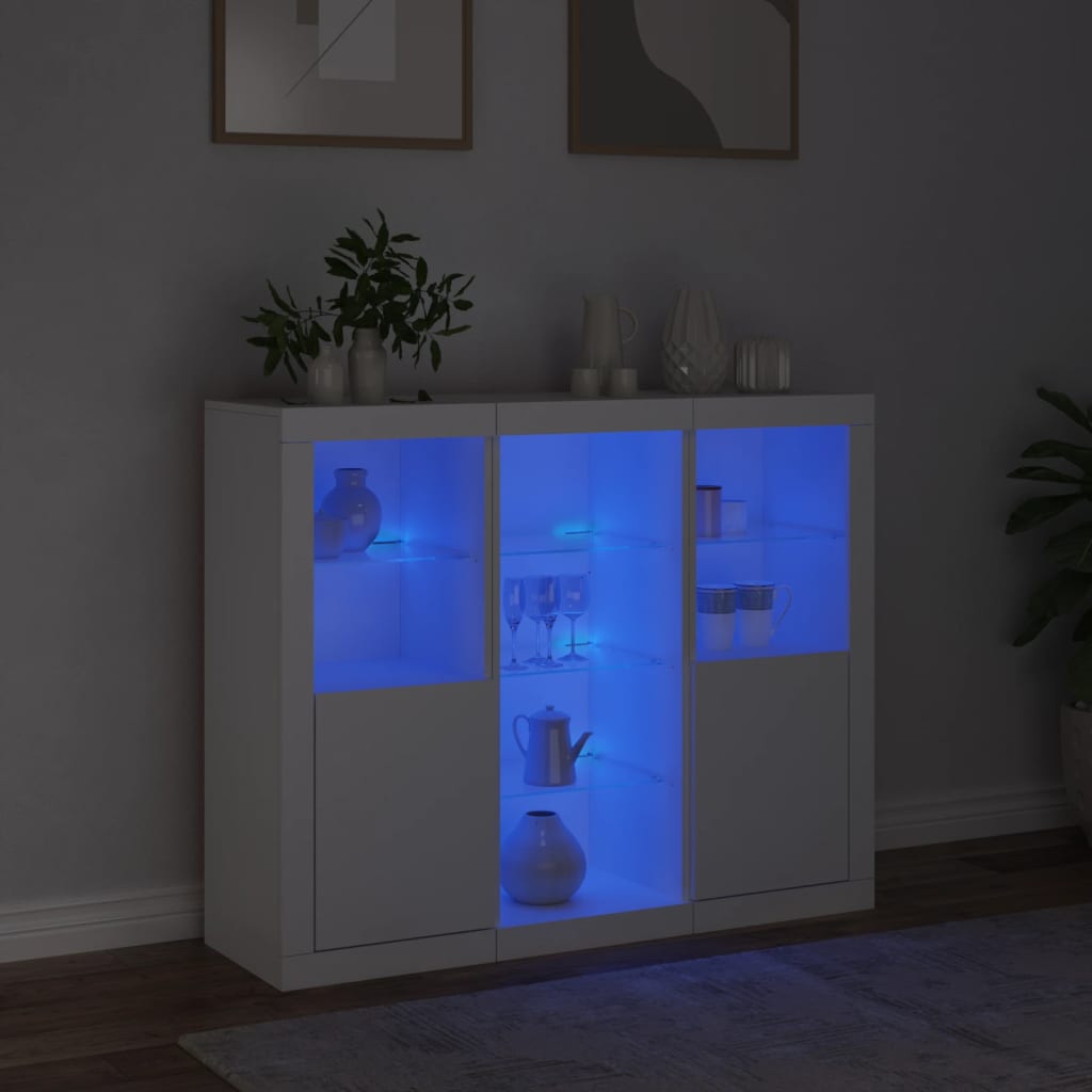 skænke med LED-lys 3 stk. konstrueret træ hvid