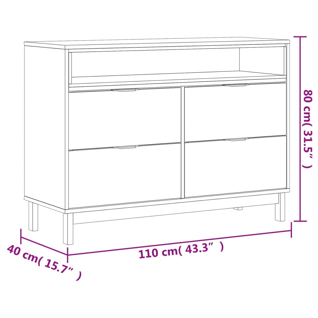 kommode FLAM 110x40x80 cm massivt fyrretræ