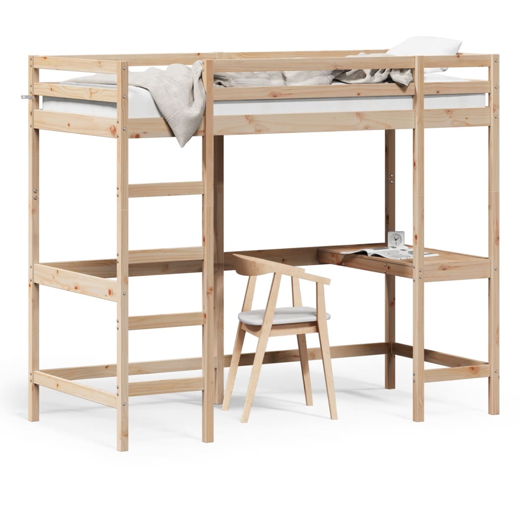 højseng med skrivebord 90x200 cm massivt fyrretræ