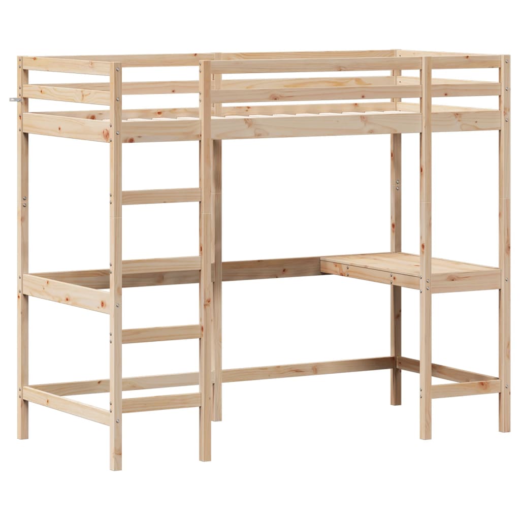 højseng med skrivebord 90x200 cm massivt fyrretræ