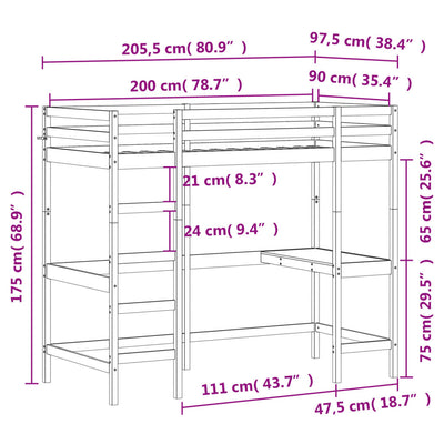 højseng med skrivebord 90x200 cm massivt fyrretræ