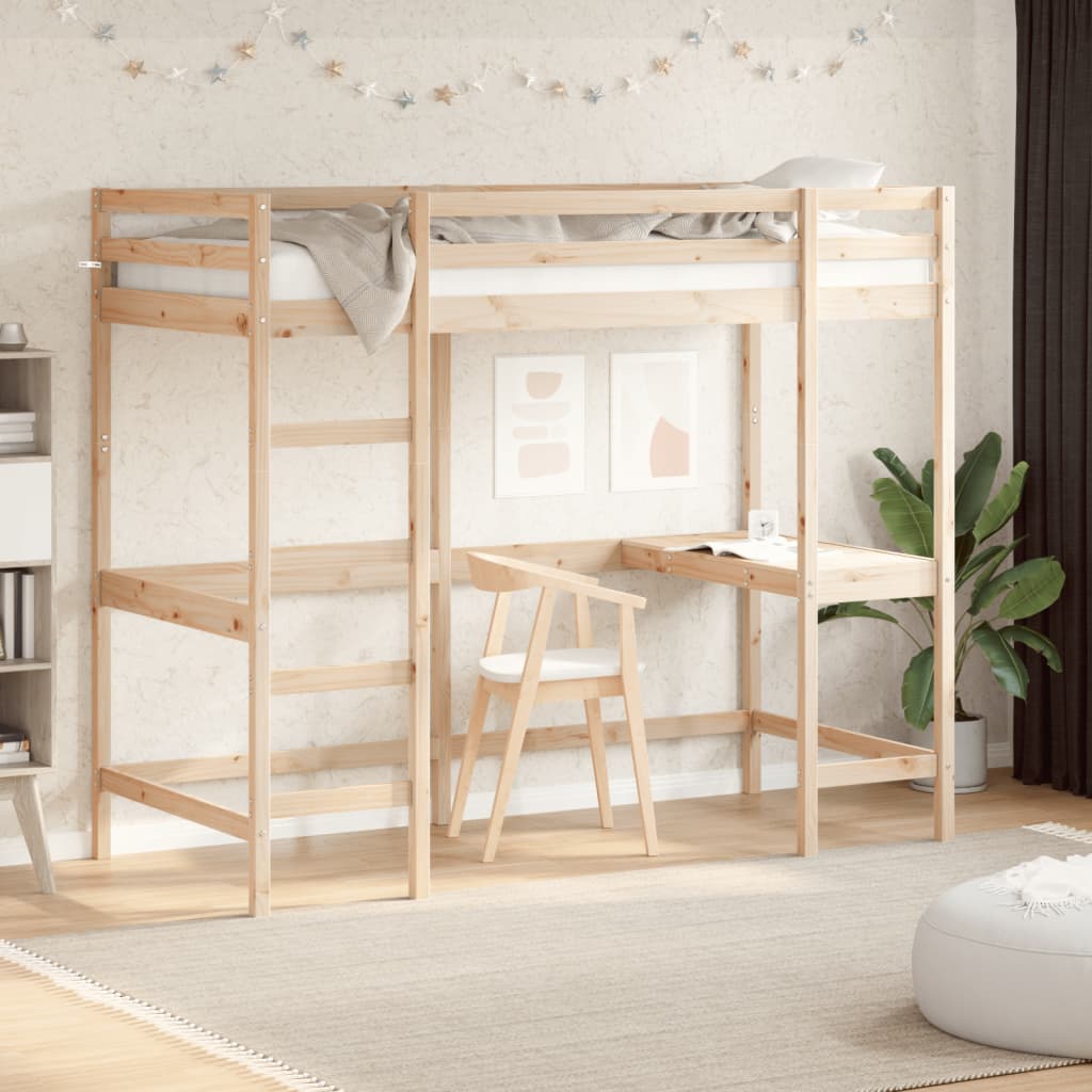 højseng med skrivebord 90x200 cm massivt fyrretræ